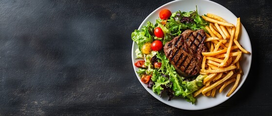 grilled beef steak with fries and salad on a white plate