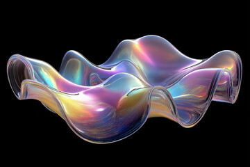 3D render of a fluid holographic abstract shape on a black background, featuring a metallic liquid wave with a gradient effect. The shiny, wavy texture showcases vibrant, iridescent colors for a dynam