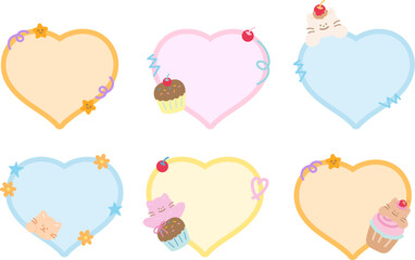 Cute vector illustration of cat, cupcake, flowers with heart shaped blank space for name tag, text bubble, sticker, animal print, memo note, sticky note, notepads, paper design, post card, gift wrap