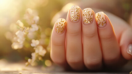 Intricate nail art with gold vines on elegant hands in soft sunlight
