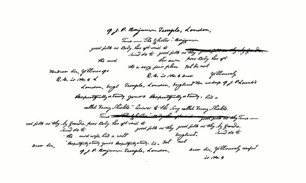 Hand write poetry in paper art style on white background. Antique hand written, hand drawn note or journal entry in cursive, unreadable, illegible, messy handwriting with areas crossed out. Fragment 