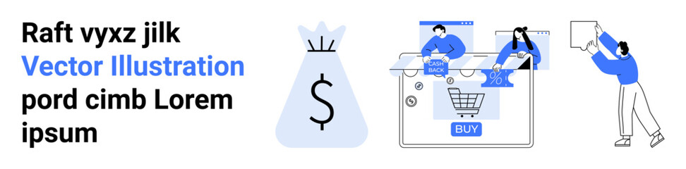 Three scenes including shopping cart checkout, people analyzing online data, and person holding message sign. Ideal for e-commerce, team collaboration, financial growth, marketing strategy, customer