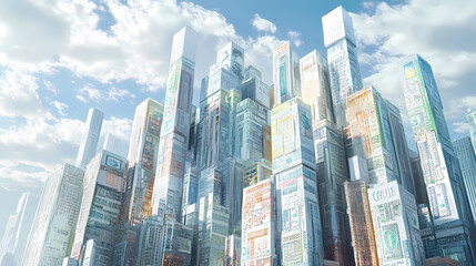 A cityscape made entirely of credit cards, with buildings built of bills, showcasing the illusory foundation of modern economics. Illusory. Illustration