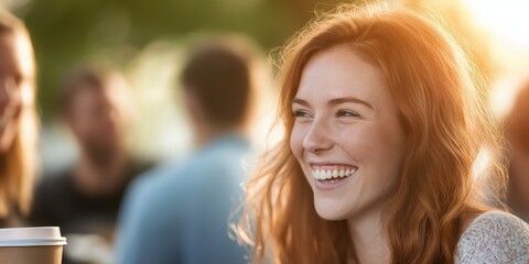 A joyful young woman with long, wavy red hair beams with a genuine smile while enjoying a sunny day outdoors, capturing the essence of happiness and spontaneity in a lively atmosphere.