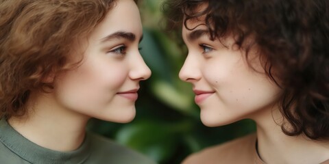 Obraz premium This captivating close-up image portrays two young women with curly hair, displaying joyful expressions as they face each other against a green background, enhancing their connection.