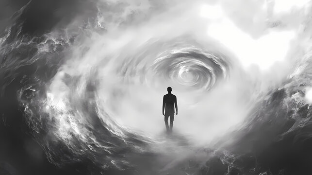 A lone figure, standing amidst a swirling vortex of steam, appears to melt and dissolve, creating a fleeting and illusory image. Illusory. Illustration