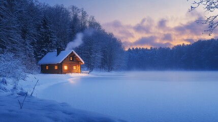 Traditional log cabin by a snowy lake, smoke rising from chimney, warm glow inside 