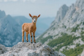 Obraz premium Young Goat Standing on Rocky Mountain Landscape