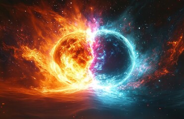 Colliding Proton Particles in a Vibrant Cosmic Explosion Depiction of Energy Fusion and Interaction in Abstract Art