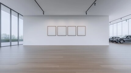 Modern Empty Gallery Space with Empty Frames and Cars, Minimalist Interior Design