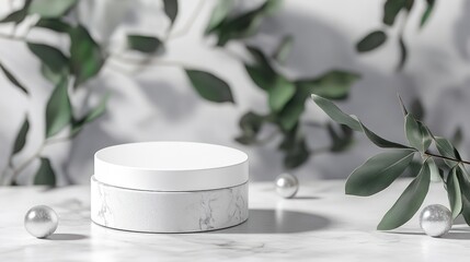 White Marble Container Displayed with Greenery