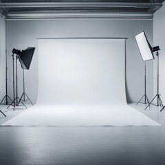 Empty Professional Photography Studio with White Backdrop and Lighting Equipment - Perfect for Product Photography