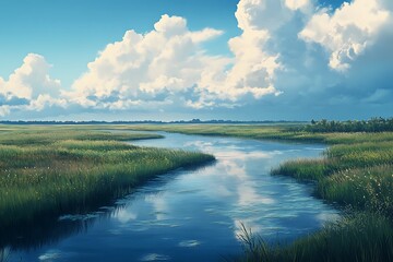 A serene landscape featuring a calm river surrounded by lush greenery and vibrant clouds.