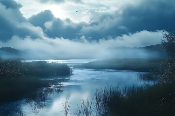 A serene landscape featuring a misty river surrounded by lush vegetation under a cloudy sky.