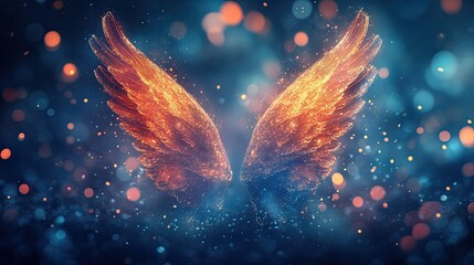 A mysterious and ethereal ambiance is created by a pair of luminous, abstract angel wings that are encircled by gentle bokeh lights and lighted with vivid hues. View Less 
