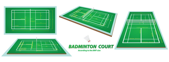 Set illustration of a badminton court with measurements adhering to BWF (Badminton World Federation) standards. The image includes top and angled views of the court, showing dimensions for singles and