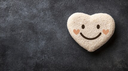 A heart-shaped stone with a smiling face, resting on a dark surface, evokes feelings of warmth and positivity.