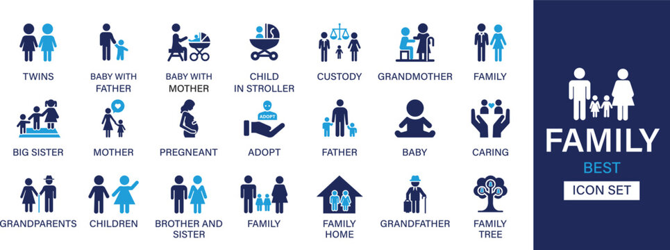 Family best solid icon set collection. Twins, mother, custody, grandmother, family, big sister, adopt, father, baby, caring, children and vector illustration.