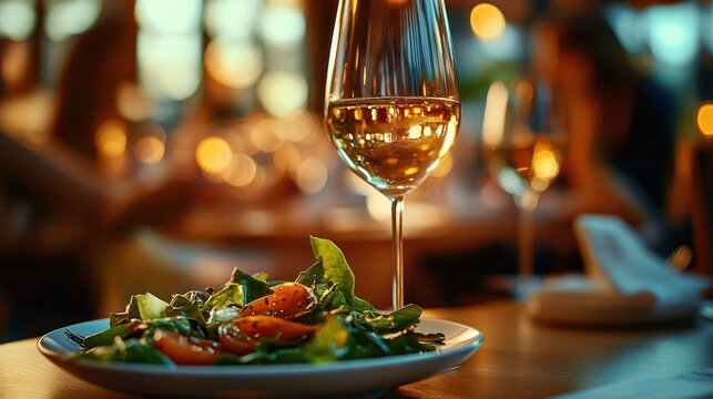 Couple Celebrates with Wine and Salad in Cozy Fine Dining Restaurant During Golden Hour - Powered by Adobe
