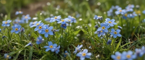 Fototapeta premium Tiny Forget Me Not flowers with delicate blue petals and yellow centers, covered in a layer of sparkling dew drops on a grassy terrain, tiny, botanical, nature