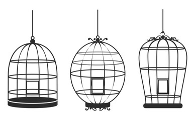 Set illustration of three elegant bird cage silhouettes in various designs. Each cage features intricate metalwork and unique decorative elements at the top and base, showcasing classic and vintage