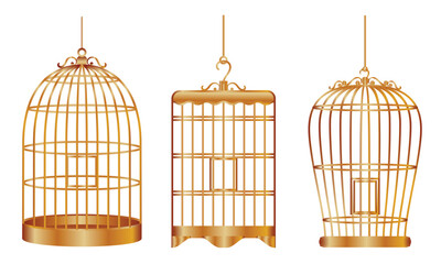 Set illustration of three beautifully designed golden birdcages in various shapes. Each cage features unique ornate patterns, ideal for decorative purposes. The image captures elegance and