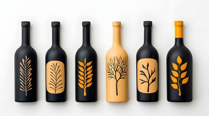 Unique Wine Bottles: A row of six stylish wine bottles, each with a unique nature-inspired design in mustard yellow and black, creates a visually appealing and sophisticated arrangement.