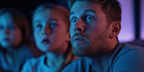 A father and two children are mesmerized, staring at a screen in awe, capturing the essence of shared joy and excitement during a thrilling performance experience.