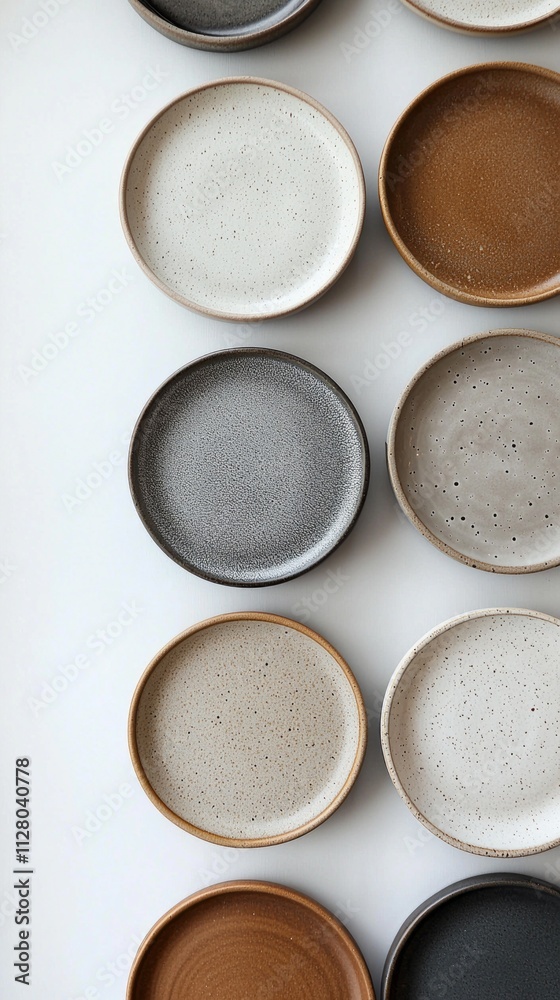 Poster An elegant display features a variety of round ceramic plates with different glazes arranged in a clean, minimalist style. Soft colors and textures create a soothing visual harmony