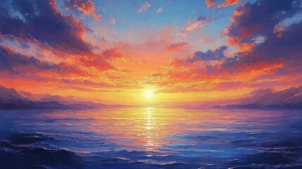 Fototapeta premium Sunset Over the Ocean in Impressionism Style