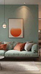 Within a stylish Parisian apartment, soft sage green walls create a cozy ambiance. A contemporary sofa dressed with earthy cushions invites relaxation, while artwork adds a splash of color