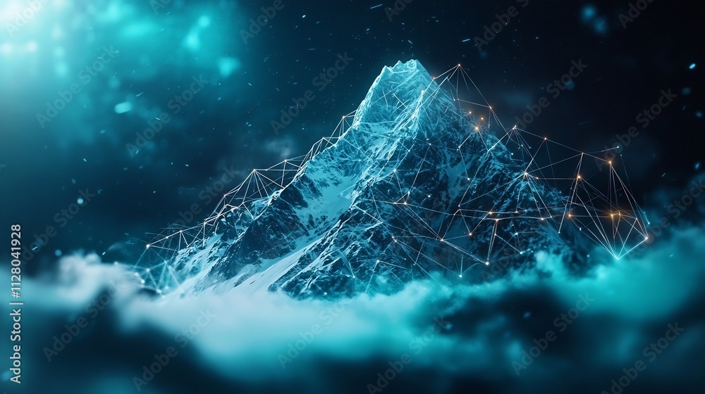 Poster stunning snow covered mountain peak with glowing lines representing detailed altitude mapping and ne