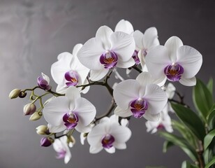 Fototapeta premium Up-close view of white and purple orchids on branch, elegant botanicals, garden decoration, orchid bouquet