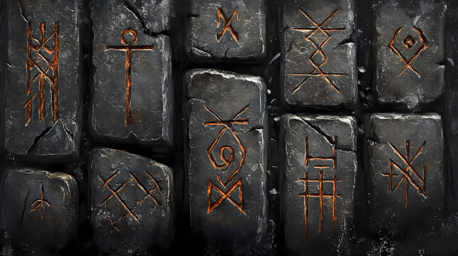 Runic tablet etching, highlighting the ancient art of inscribing runes on stone tablets. viking rune stones. illustration. runic. illustration. Runestone. Illustration