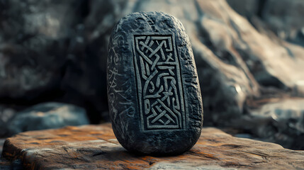 Viking ancient rune stone on a wooden table, viking, ancient, rune, stone, gemstone, carved, wooden, table, nordic. Runestone. Illustration