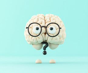 3D cartoon brain with a worried expression, surrounded by floating question marks, symbolizing confusion, anxiety, or problem-solving. Perfect for stock images about mental health, stress, 