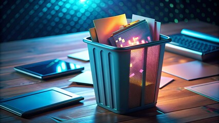3D Render Recycle Bin Deletion: Computer File Data Disposal, Digital Waste, Virtual Trash Can