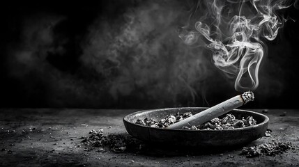 Black and white photograph of a solitary burning cigarette in an ashtray surrounded by the ashes and a faint trail of smoke curling into the empty dark space at the top creating a moody contemplative