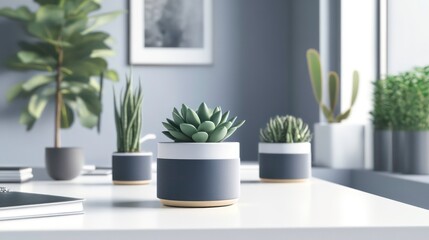 A modern office with potted plants and succulents arranged on a clean, white desk.