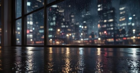 Fototapeta premium Vibrant city lights reflected on rain-covered window at night, metropolitan, glass surface, dusk, neon, urban environment