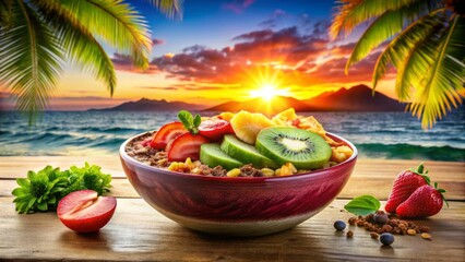 Obraz premium Acai Bowl Double Exposure: Vibrant Fruits & Tropical Paradise Sunrise