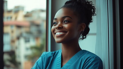 A portrait of a cheerful young nurse with a warm smile, standing by a softly illuminated hospital window, her professional attire neatly arranged