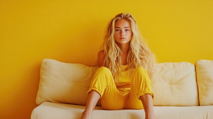 Obraz premium Yellow Serenity: Blonde Woman on a Couch