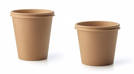 Two Beige Disposable Paper Cups on White Background