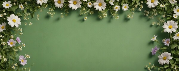 Vintage green paper with a delicate flower border featuring tiny daisies, roses, and violets, violets, nature