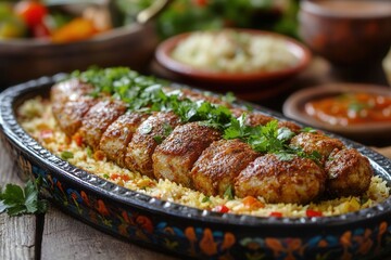 Roasted chicken dish with rice and vegetables in a decorative platter.