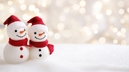 Fototapeta premium Two cute, smiling snowmen with red scarves and hats on a white background with bokeh lights, a Christmas card concept, or a banner for a New Year or other celebration event