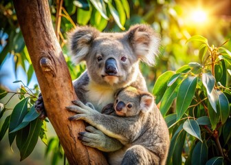 Fototapeta premium Australian Koala Mother & Joey on Eucalyptus Tree - Wildlife Photography