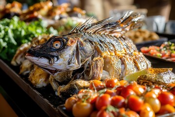Roasted whole fish on buffet table with vegetables.