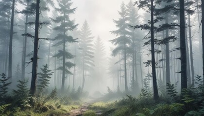 Obraz premium Watercolor abstract representation of a misty forest scene, misty forest, atmospheric perspective